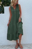 Black A Line V-Neck Long Summer Dress with Buttons
