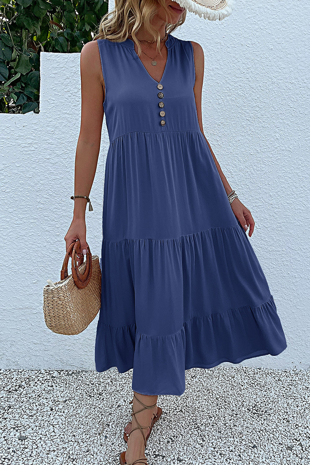 Black A Line V-Neck Long Summer Dress with Buttons