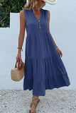Black A Line V-Neck Long Summer Dress with Buttons