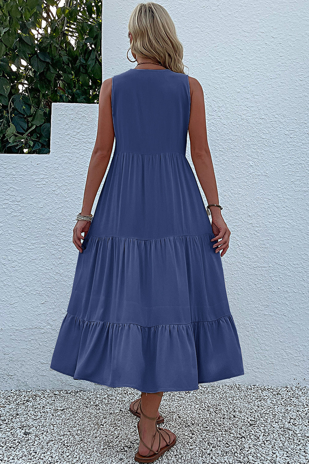 Black A Line V-Neck Long Summer Dress with Buttons