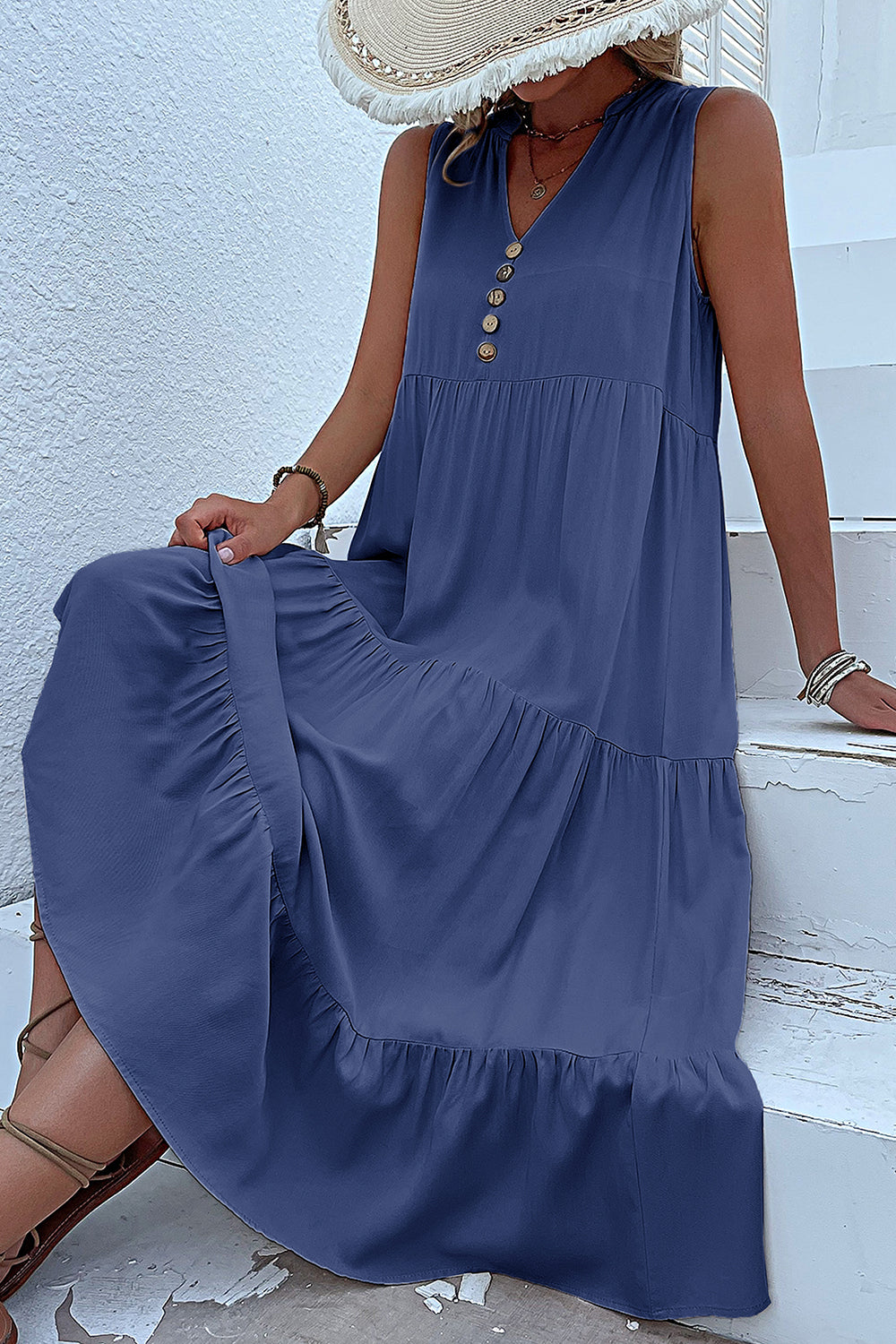Black A Line V-Neck Long Summer Dress with Buttons