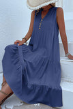 Black A Line V-Neck Long Summer Dress with Buttons
