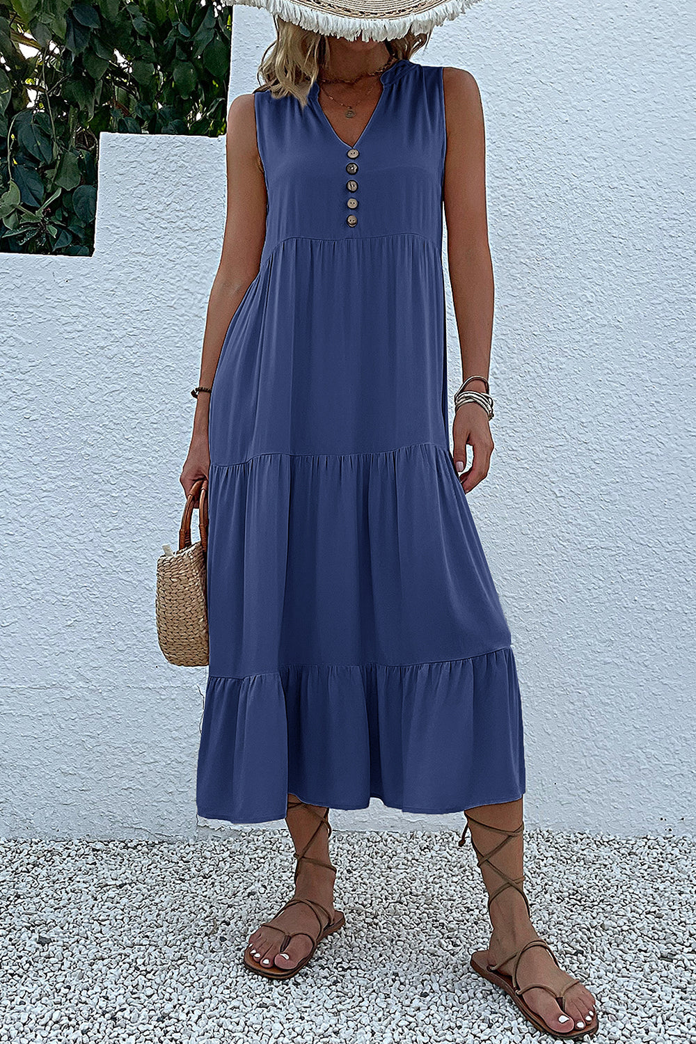 Black A Line V-Neck Long Summer Dress with Buttons