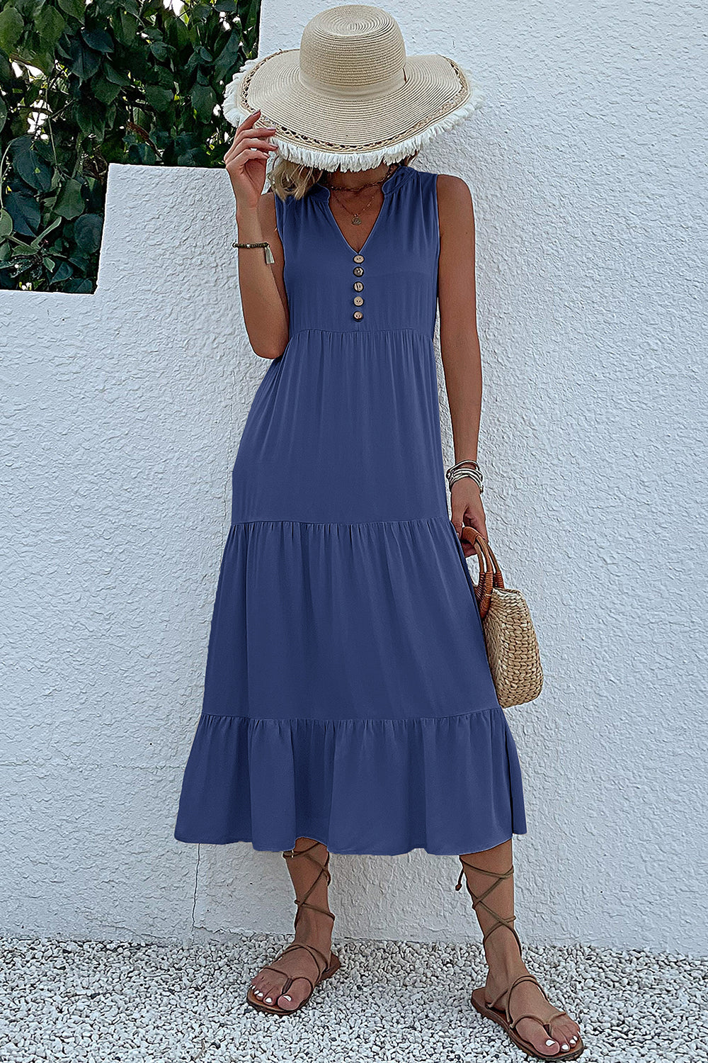Black A Line V-Neck Long Summer Dress with Buttons