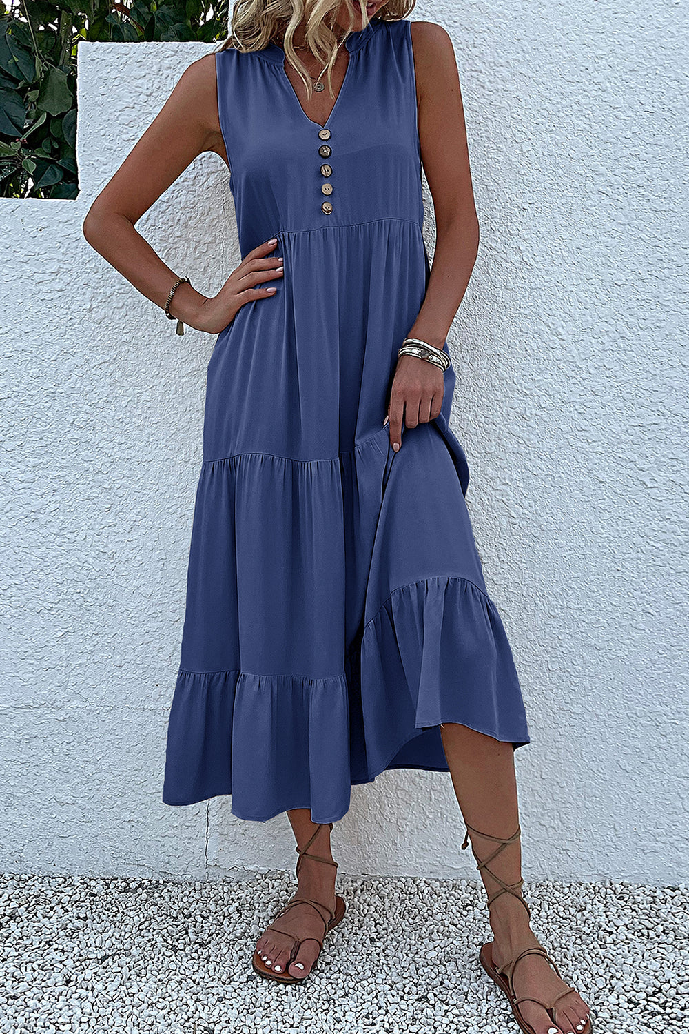 Black A Line V-Neck Long Summer Dress with Buttons