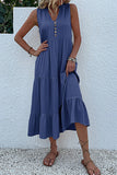 Black A Line V-Neck Long Summer Dress with Buttons