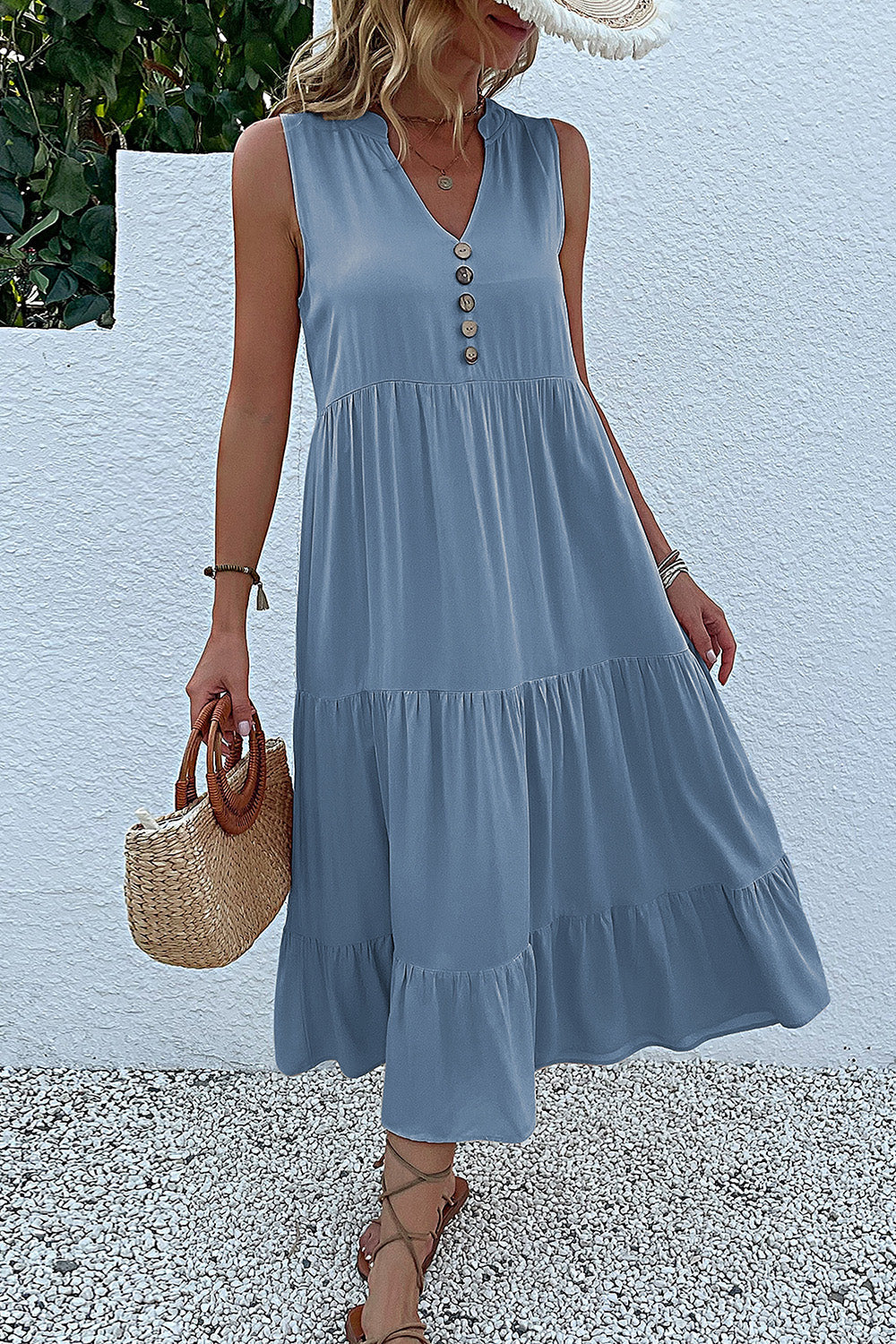 Black A Line V-Neck Long Summer Dress with Buttons