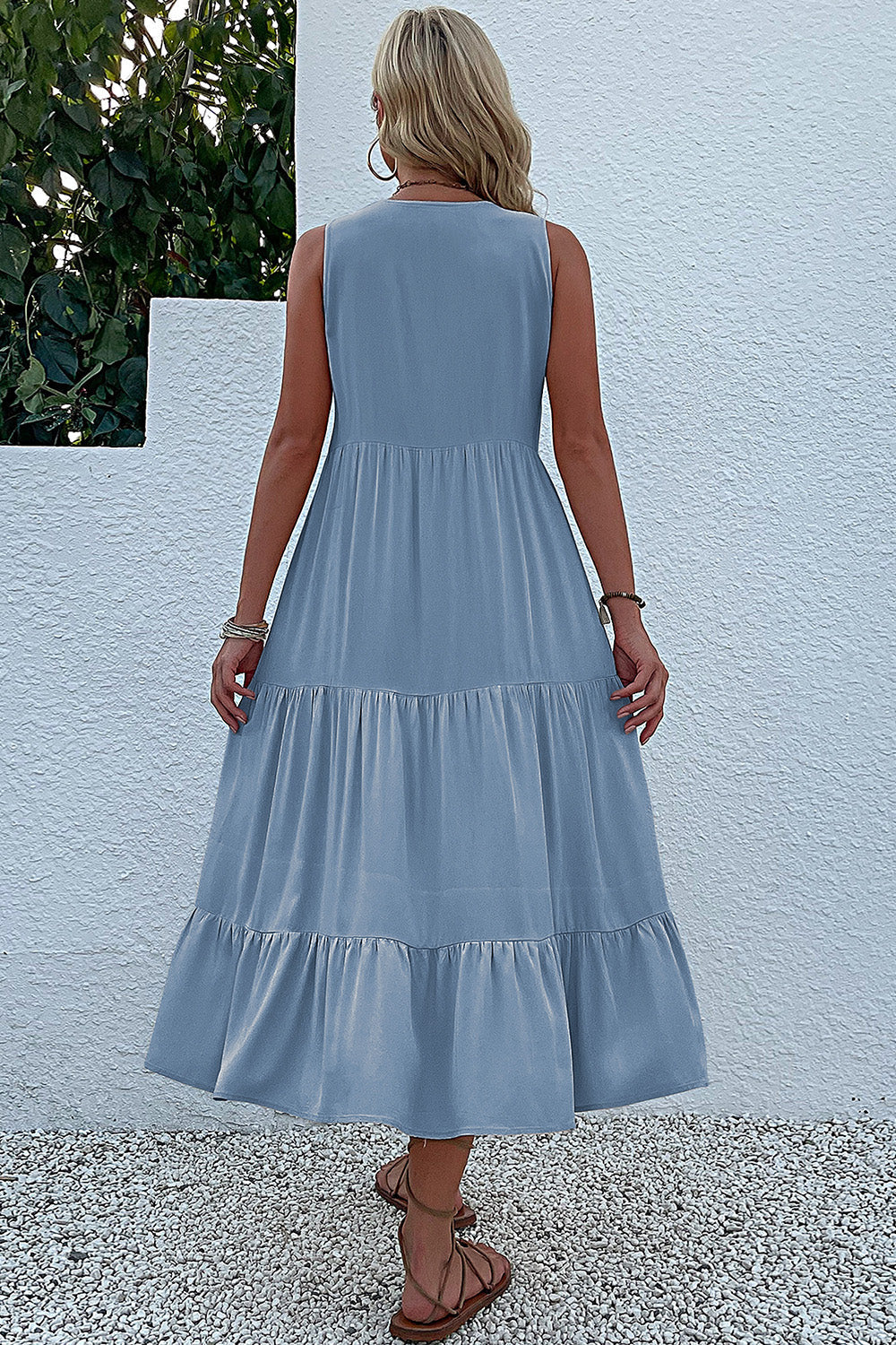 Black A Line V-Neck Long Summer Dress with Buttons