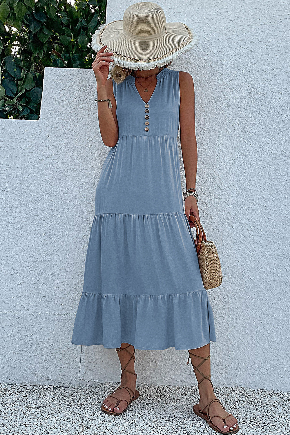 Black A Line V-Neck Long Summer Dress with Buttons