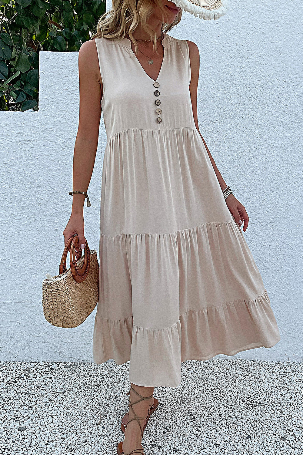 Black A Line V-Neck Long Summer Dress with Buttons