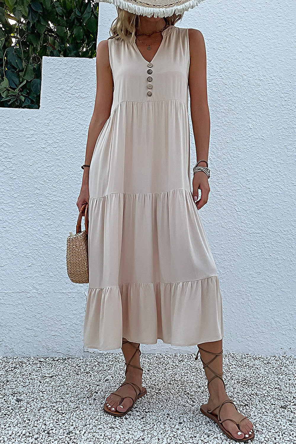 Black A Line V-Neck Long Summer Dress with Buttons