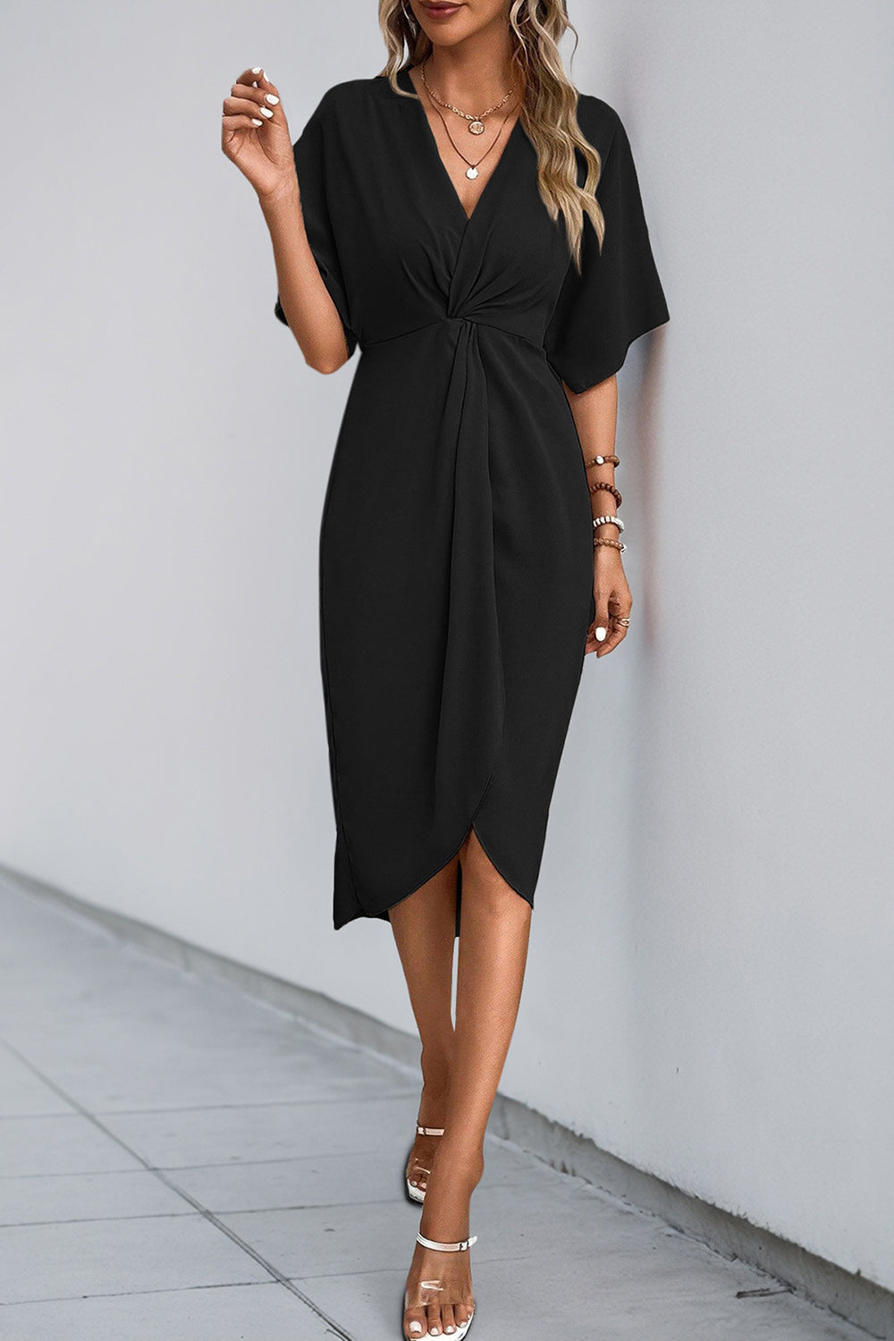 Black V-Neck Bodycon Midi Summer Dress with Half Sleeves
