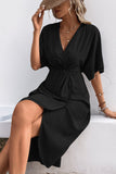 Black V-Neck Bodycon Midi Summer Dress with Half Sleeves