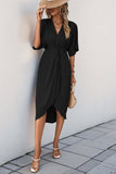 Black V-Neck Bodycon Midi Summer Dress with Half Sleeves