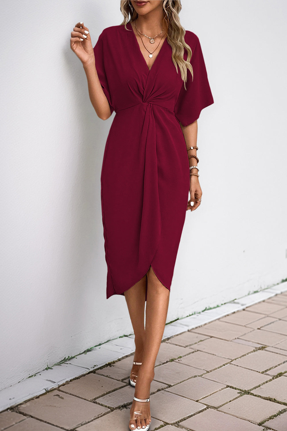 Black V-Neck Bodycon Midi Summer Dress with Half Sleeves