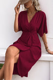 Black V-Neck Bodycon Midi Summer Dress with Half Sleeves