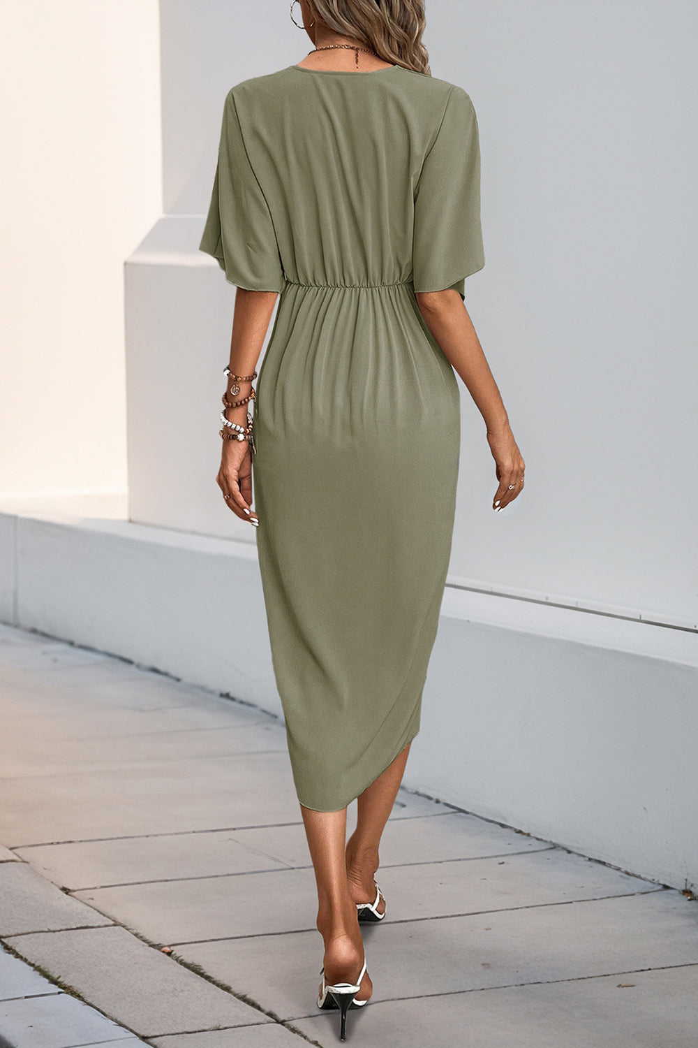 Black V-Neck Bodycon Midi Summer Dress with Half Sleeves