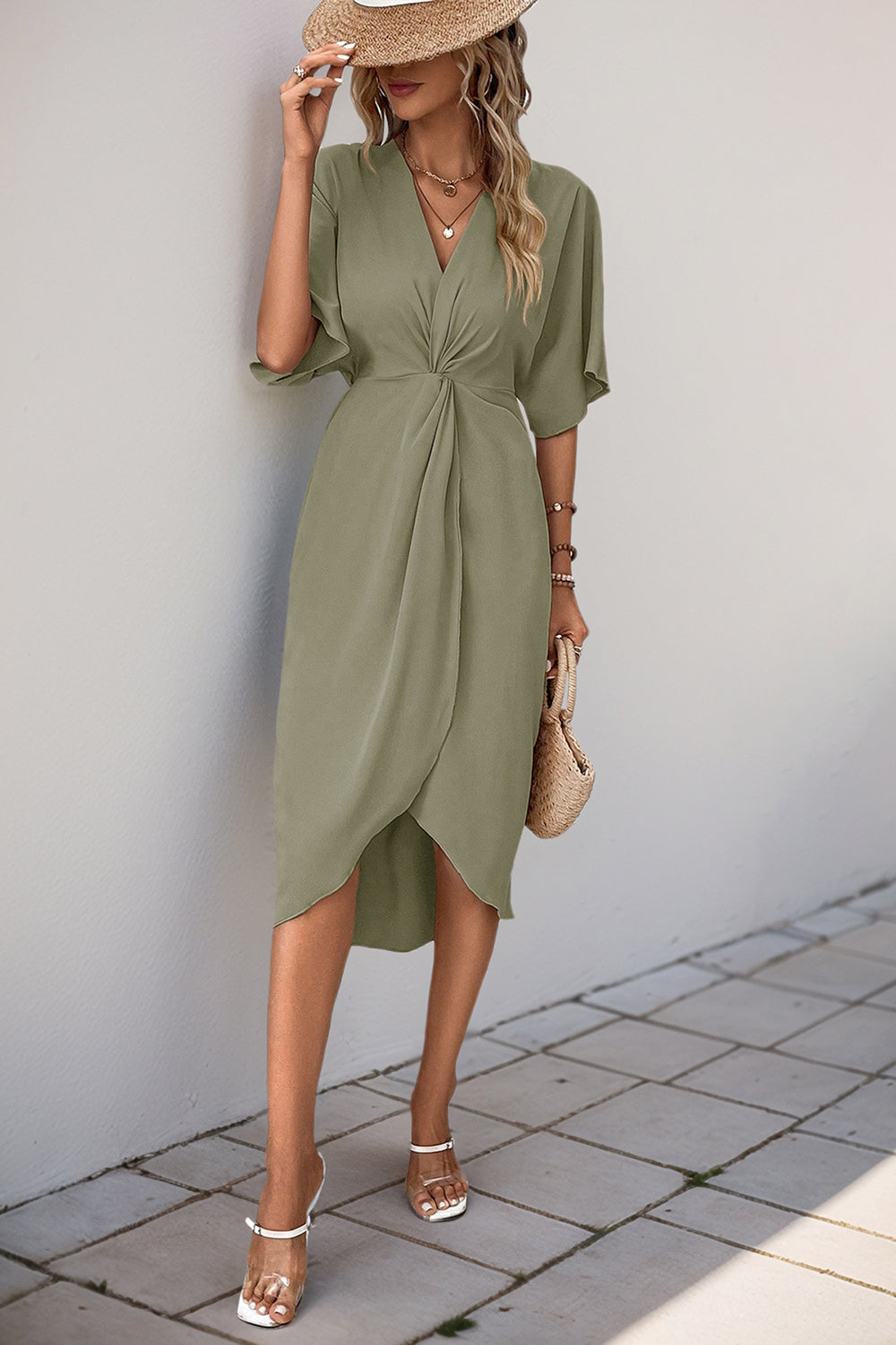 Black V-Neck Bodycon Midi Summer Dress with Half Sleeves