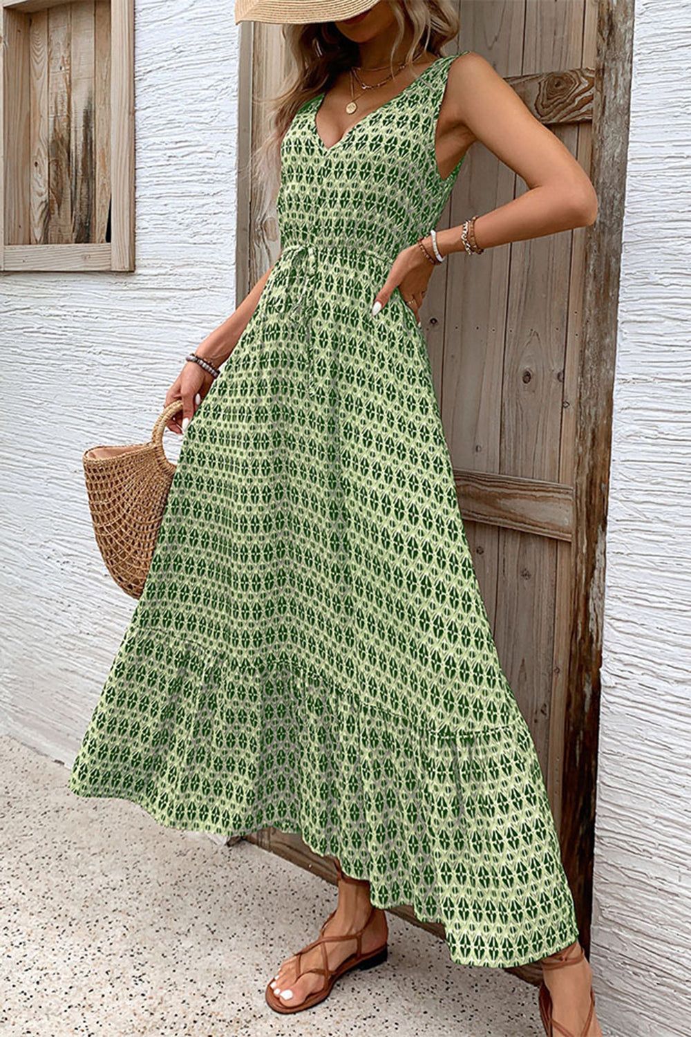 Green Floral V-Neck A Line Long Summer Dress