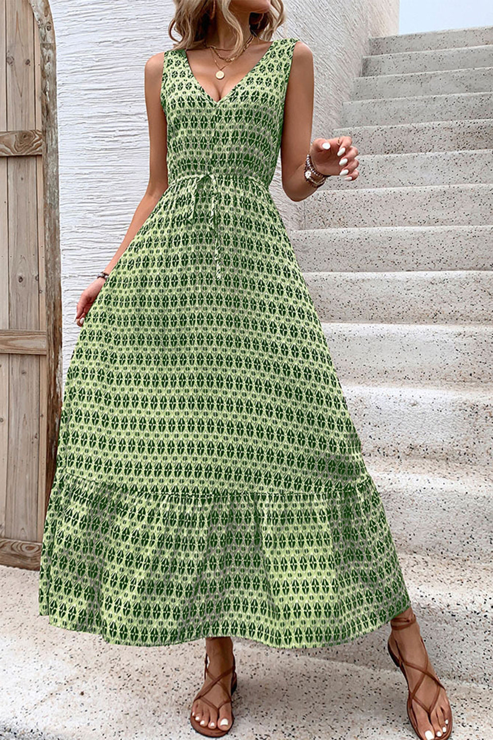Green Floral V-Neck A Line Long Summer Dress
