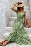 Green Floral V-Neck A Line Long Summer Dress