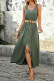 Army Green Scoop Neck A Line Long Summer Dress with Belt