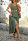 Army Green Scoop Neck A Line Long Summer Dress with Belt