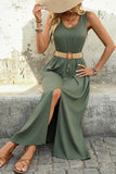 Army Green Scoop Neck A Line Long Summer Dress with Belt
