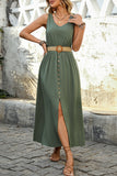 Army Green Scoop Neck A Line Long Summer Dress with Belt