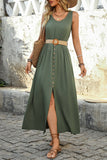 Army Green Scoop Neck A Line Long Summer Dress with Belt