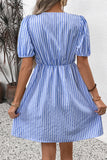Blue Vertical Stripe A Line Half Sleeves Short Summer Dress with Bow