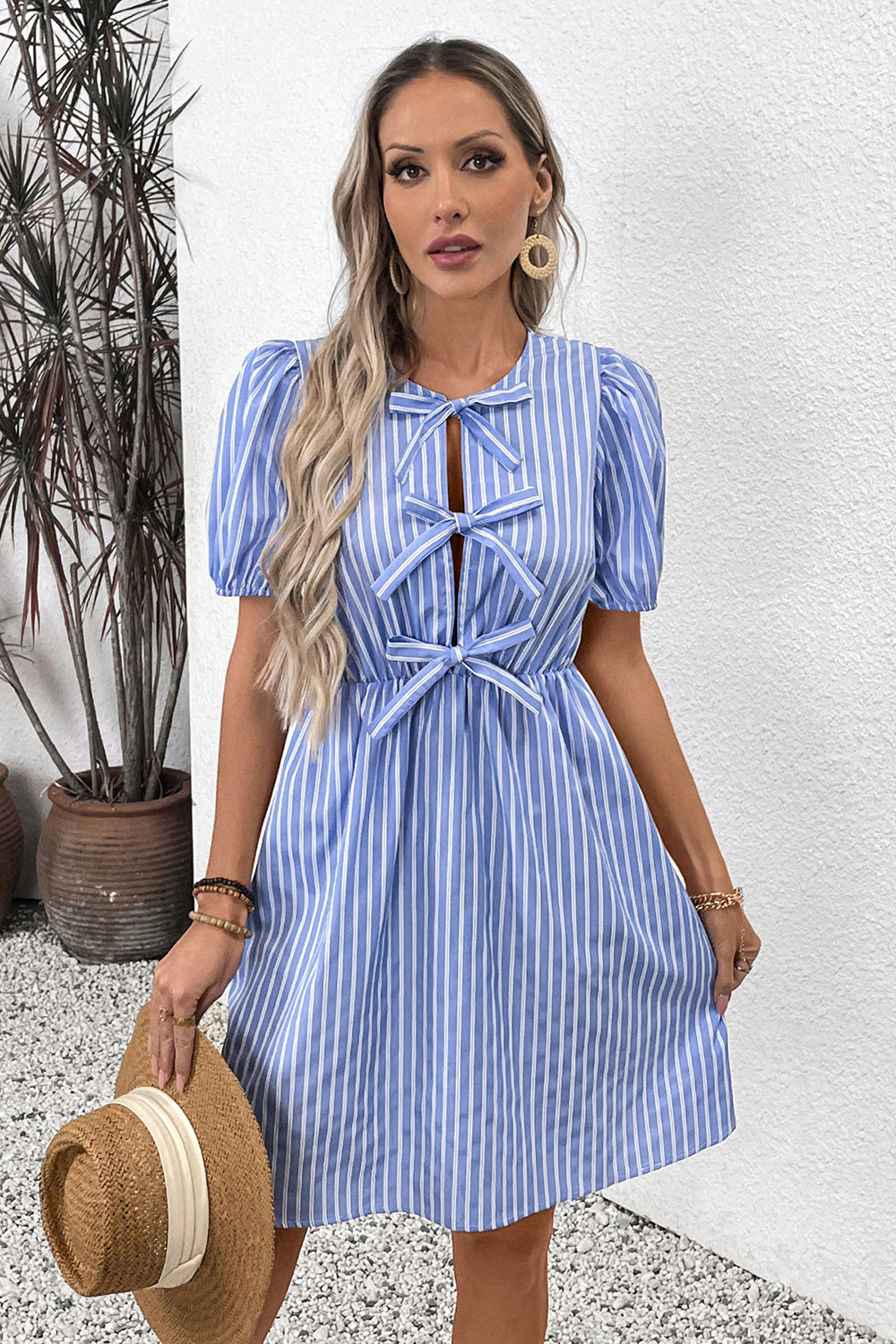 Blue Vertical Stripe A Line Half Sleeves Short Summer Dress with Bow