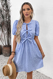 Blue Vertical Stripe A Line Half Sleeves Short Summer Dress with Bow
