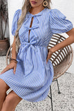 Blue Vertical Stripe A Line Half Sleeves Short Summer Dress with Bow