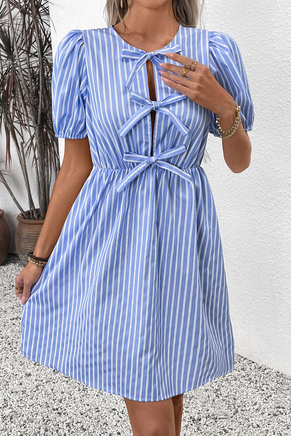 Blue Vertical Stripe A Line Half Sleeves Short Summer Dress with Bow