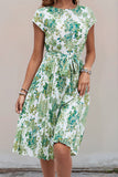 Green Floral A Line Pleated Cap Sleeves Midi Summer Dress with Sash
