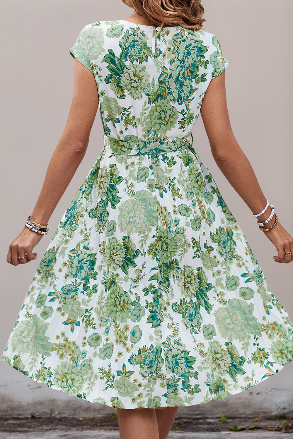 Green Floral A Line Pleated Cap Sleeves Midi Summer Dress with Sash