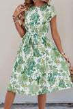Green Floral A Line Pleated Cap Sleeves Midi Summer Dress with Sash