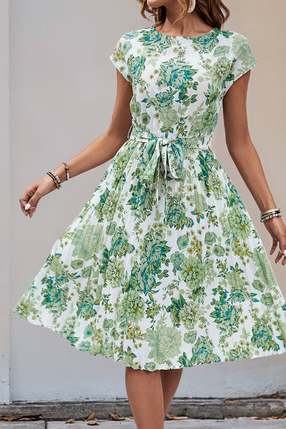 Green Floral A Line Pleated Cap Sleeves Midi Summer Dress with Sash