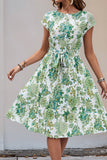 Green Floral A Line Pleated Cap Sleeves Midi Summer Dress with Sash