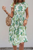 Green Floral A Line Pleated Cap Sleeves Midi Summer Dress with Sash
