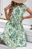 Green Floral A Line Pleated Cap Sleeves Midi Summer Dress with Sash
