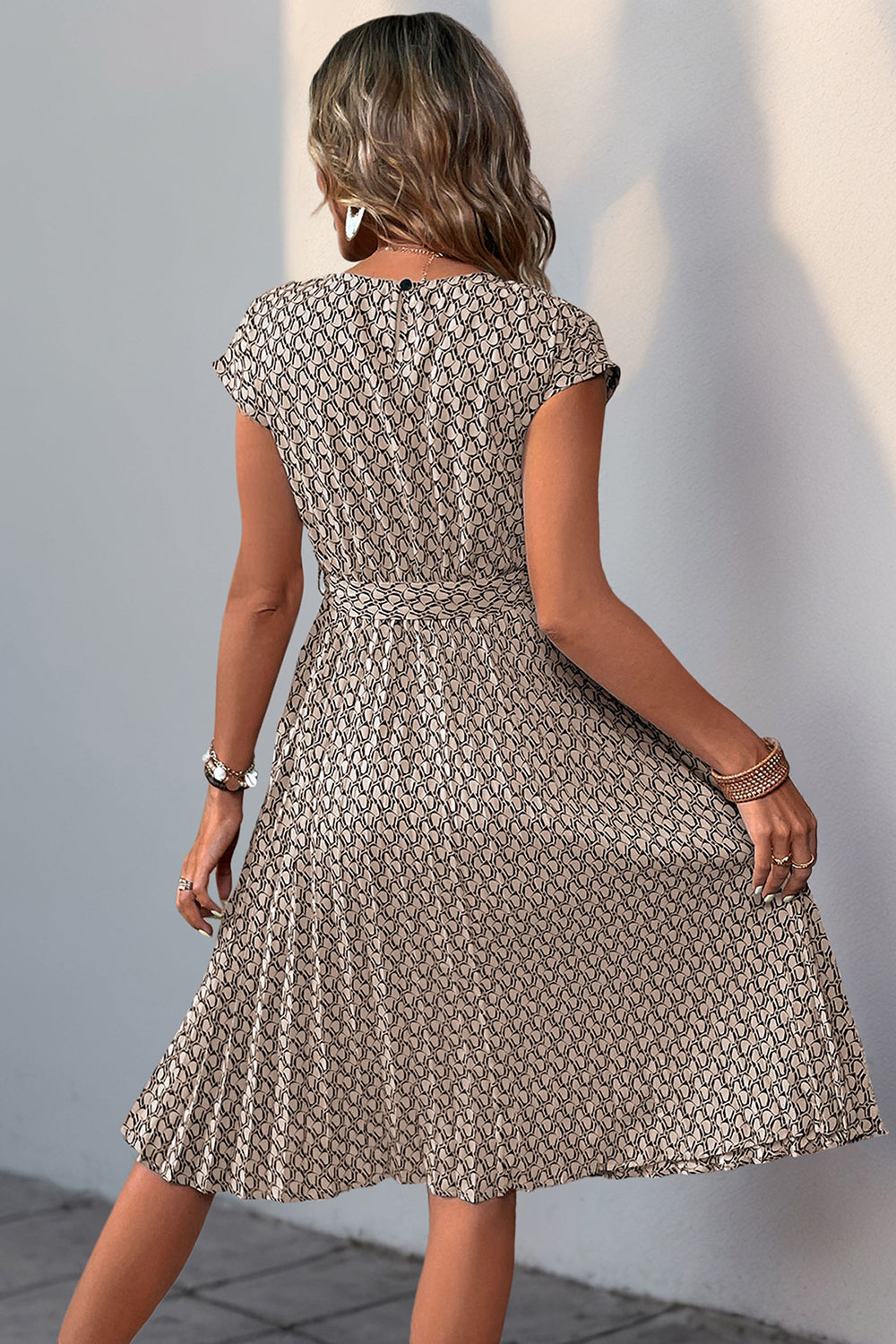 Green Floral A Line Pleated Cap Sleeves Midi Summer Dress with Sash