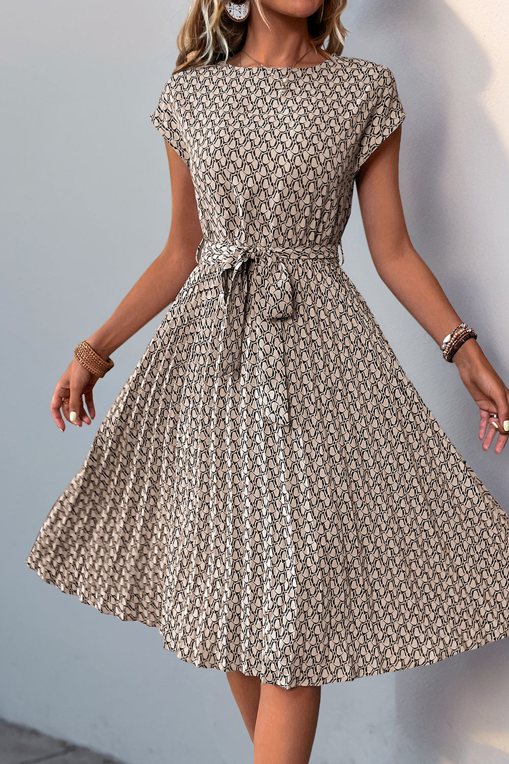 Green Floral A Line Pleated Cap Sleeves Midi Summer Dress with Sash