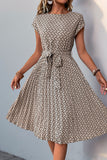 Green Floral A Line Pleated Cap Sleeves Midi Summer Dress with Sash