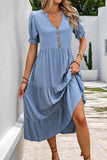 Grey Blue A Line V-Neck Long Summer Dress with Short Sleeves