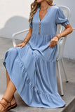 Grey Blue A Line V-Neck Long Summer Dress with Short Sleeves