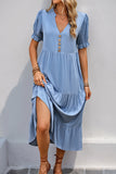 Grey Blue A Line V-Neck Long Summer Dress with Short Sleeves