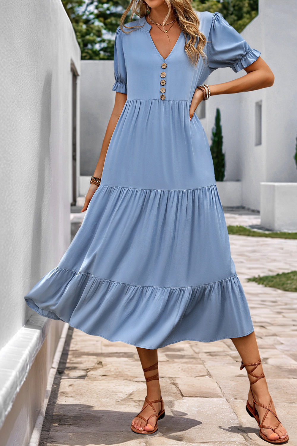 Grey Blue A Line V-Neck Long Summer Dress with Short Sleeves