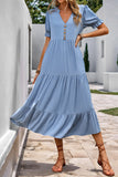 Grey Blue A Line V-Neck Long Summer Dress with Short Sleeves